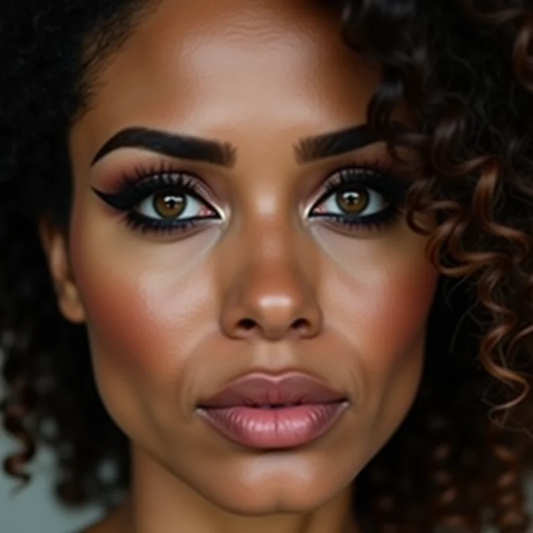 Olhos de uma mulher madura com delineado preto pesado e marcado.