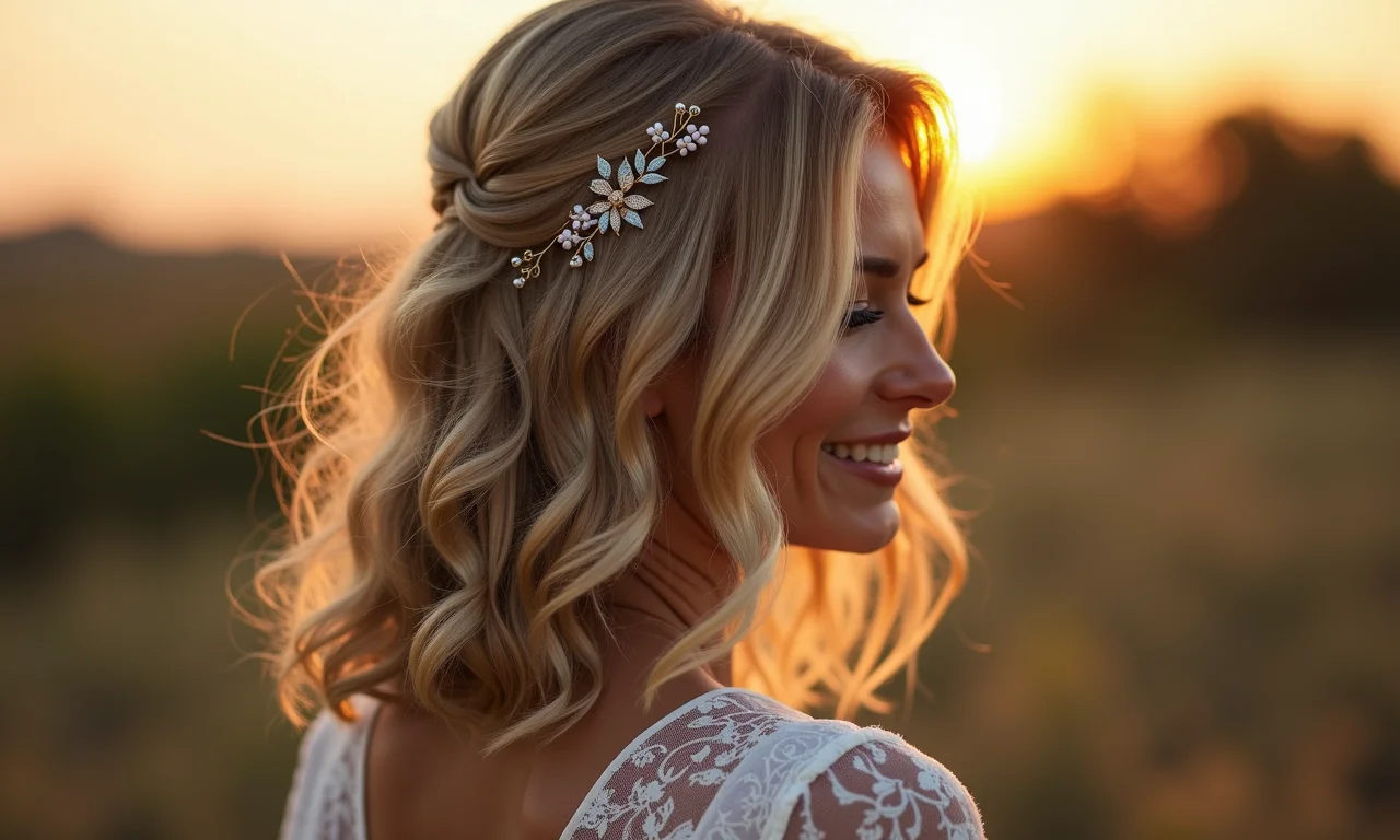 Ondas naturais com grampos decorados em cabelo médio para casamento boêmio.