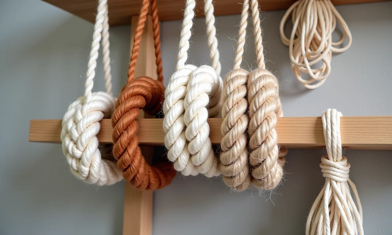 Opções de barbante para prateleiras de macramê.