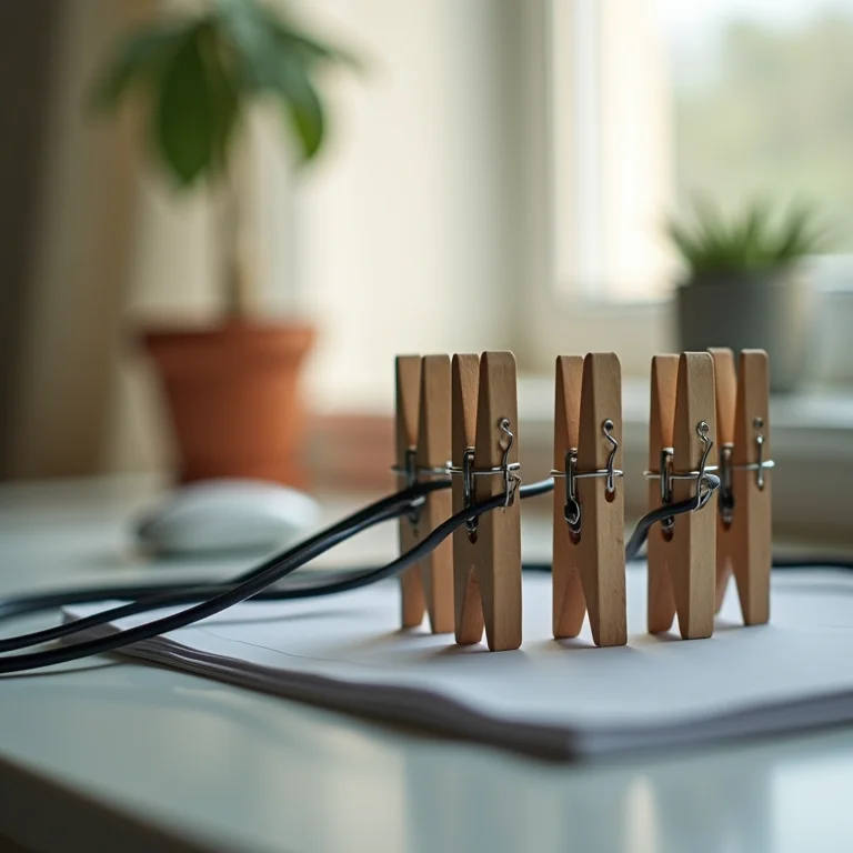 Organização de cabos com prendedores de roupa.