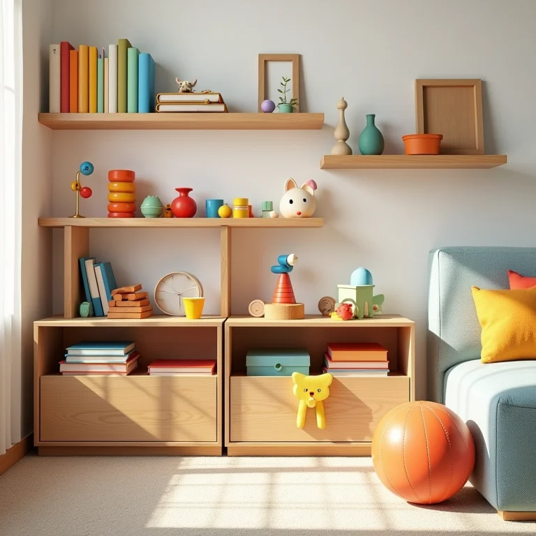 Organização e espaço para brincar em quarto infantil.