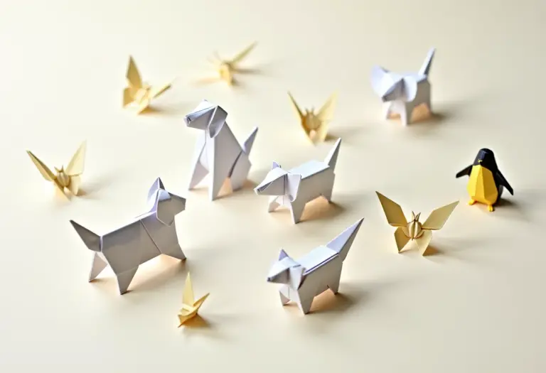 Origamis de diversas espécies em papel colorido.
