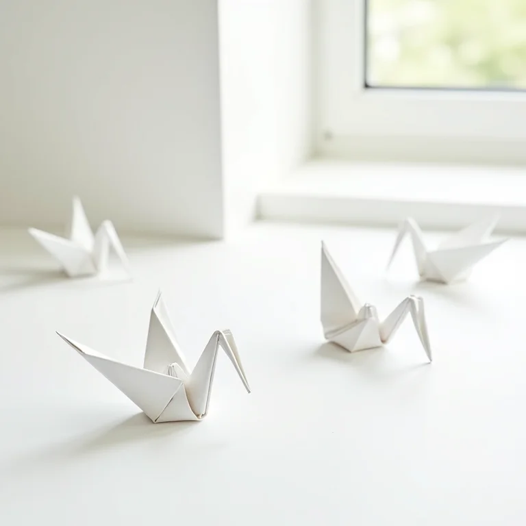 Origamis inacabados em mesa branca com materiais