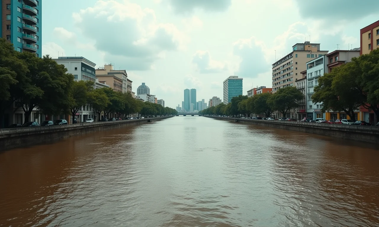 Orla de Porto Alegre inundada, com o rio Guaíba transbordando.