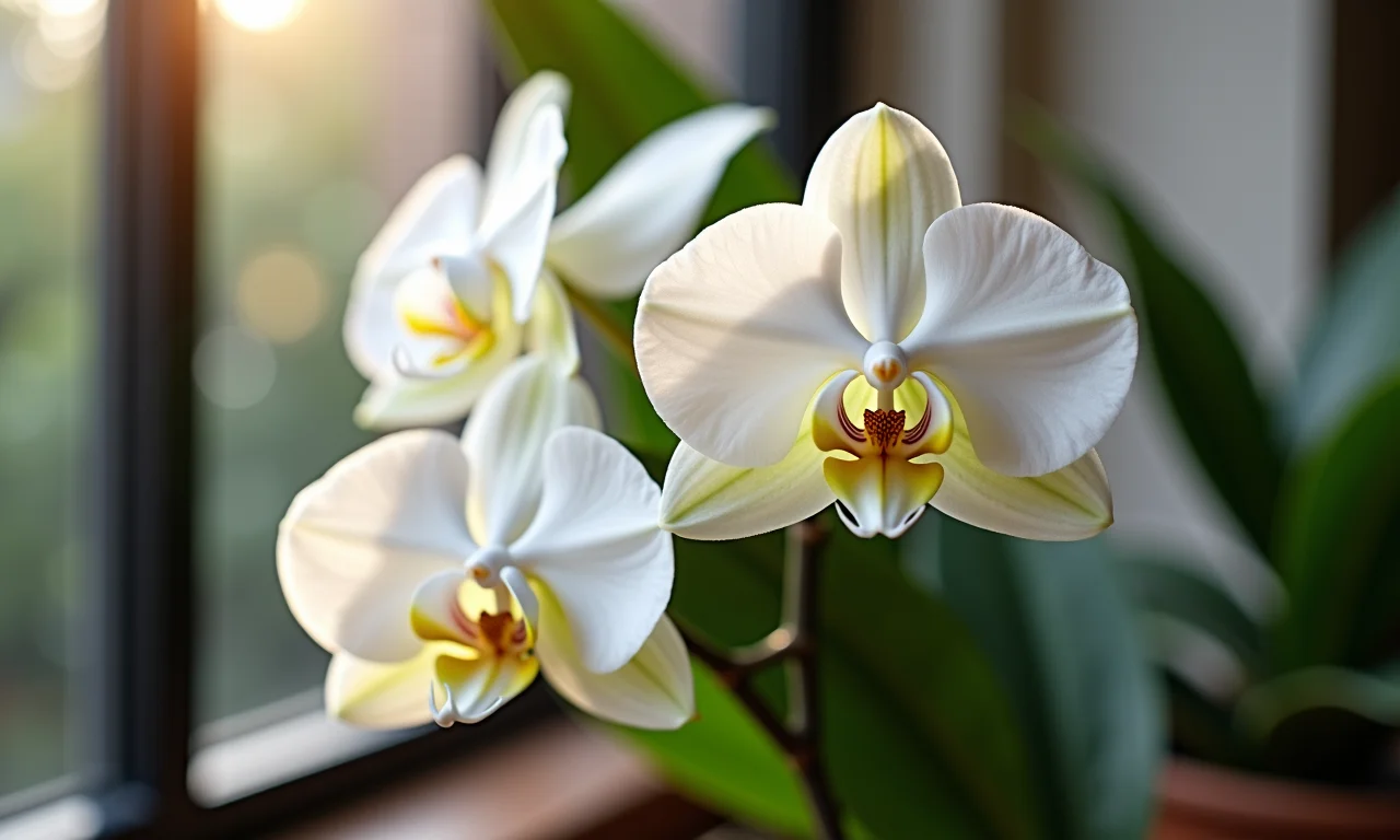 Orquídea Phalaenopsis com flores brancas na varanda sombreada.