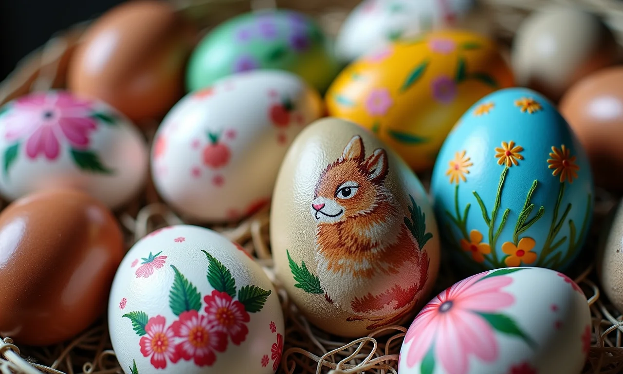 Ovos de Páscoa decorados com técnicas variadas.