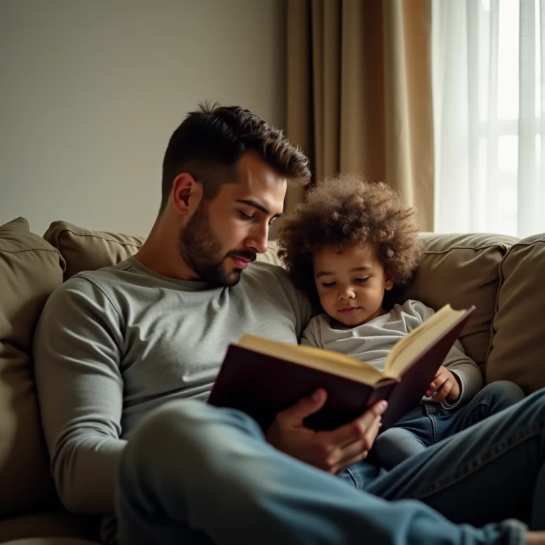 Pai lendo para filho no sofá