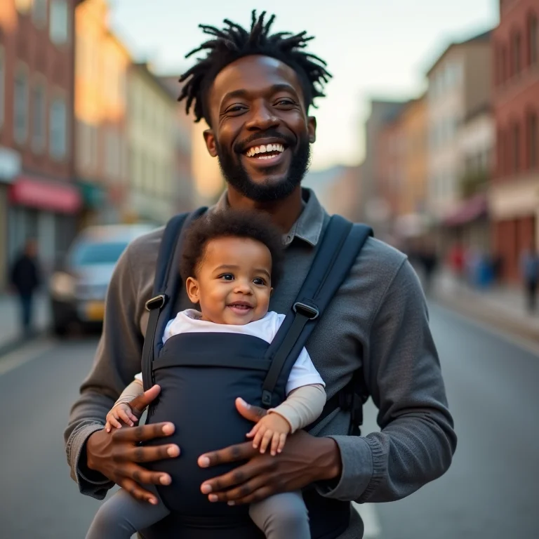 Pai negro sorrindo segurando um bebê conforto em ambiente urbano
