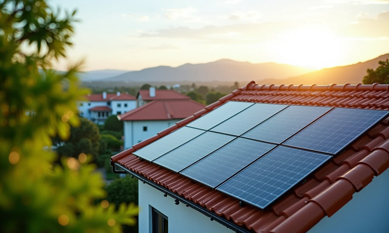 Painéis solares instalados em telhados de residências, gerando energia limpa.