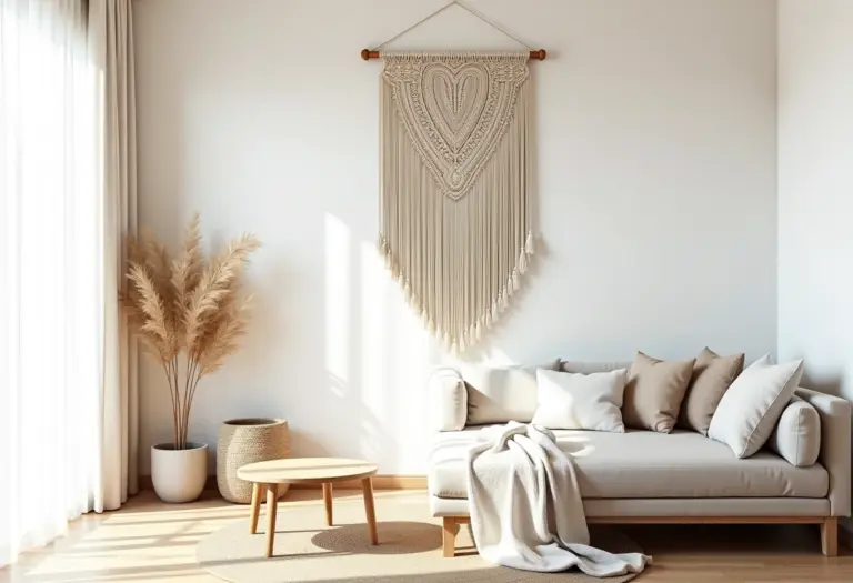 Painel de parede em macramê decorando sala de estar