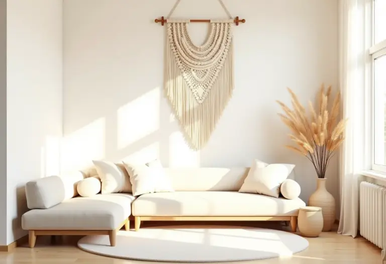 Painel de parede em macramê em sala de estar minimalista