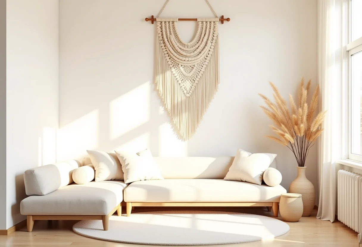 Painel de parede em macramê em sala de estar minimalista