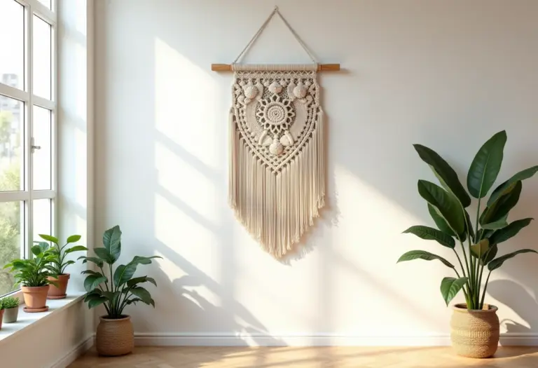 Painel de parede em macramê em uma sala de estar moderna