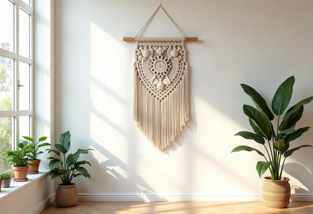 Painel de parede em macramê em uma sala de estar moderna
