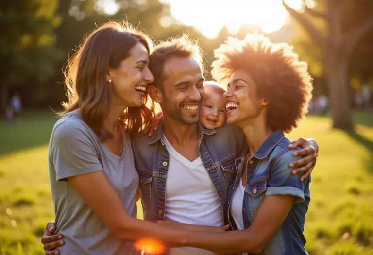 Pais diversos abraçando seus filhos em um parque ensolarado