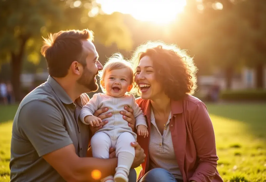 Pais diversos se conectando e brincando com seus filhos em um parque ensolarado.