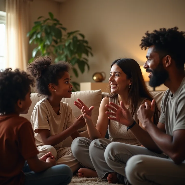 Pais e filhos diversos debatendo em sala de estar.