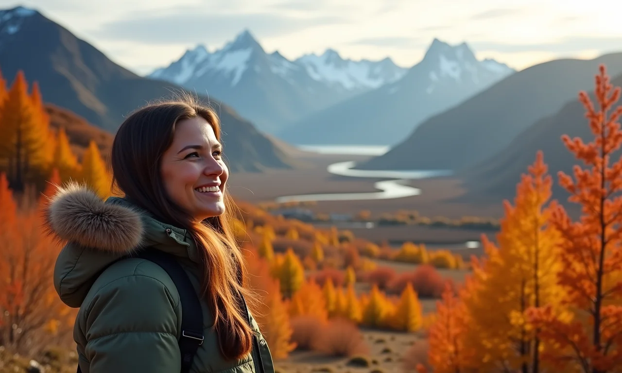 Paisagem de Ushuaia no outono com folhagem dourada e vermelha.