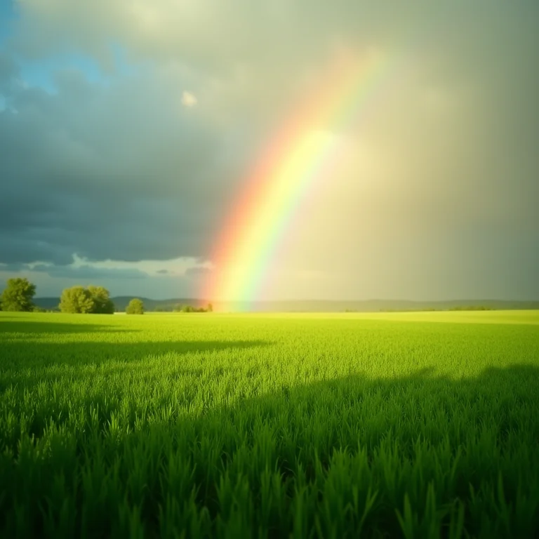 Paisagem exuberante com arco-íris na hora dourada.