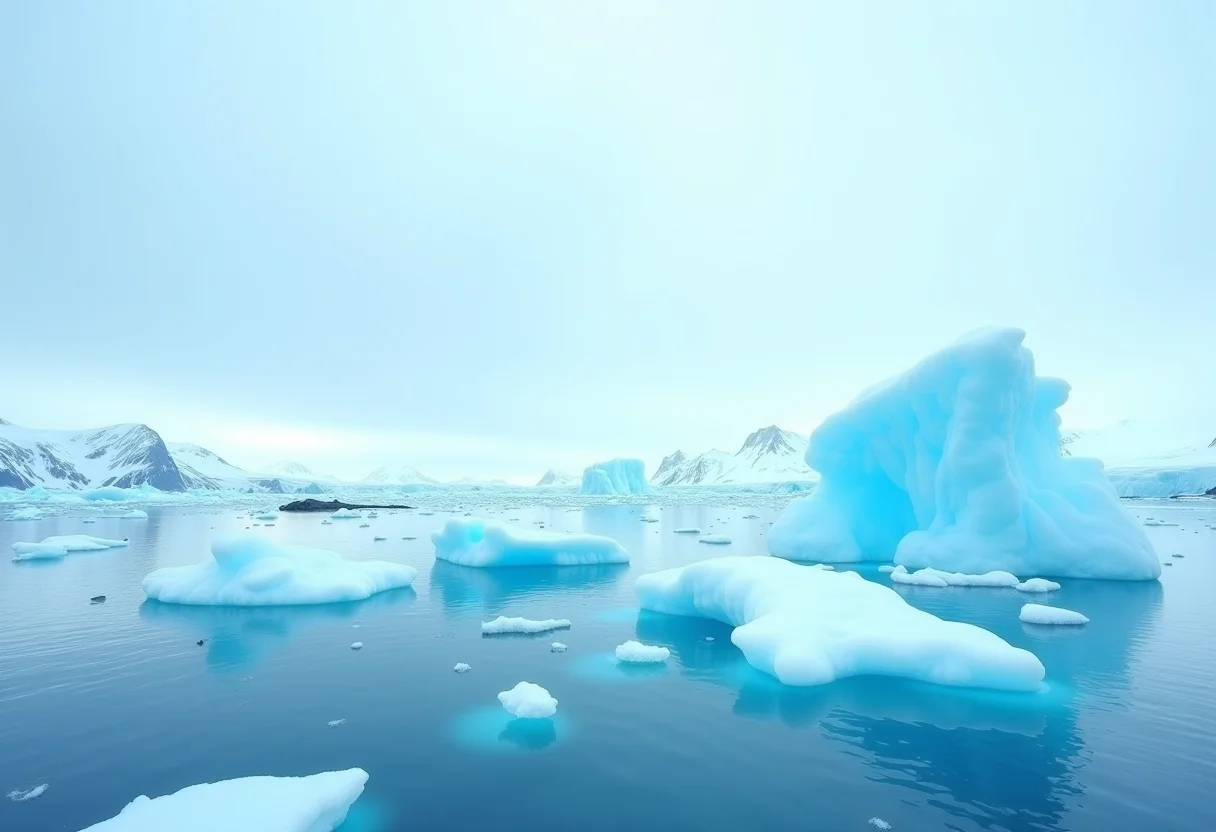Paisagem vasta da Antártida com icebergs azuis e montanhas ao fundo.