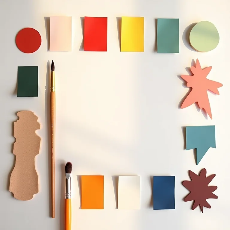 Paleta de cores e materiais para pintura geométrica na parede