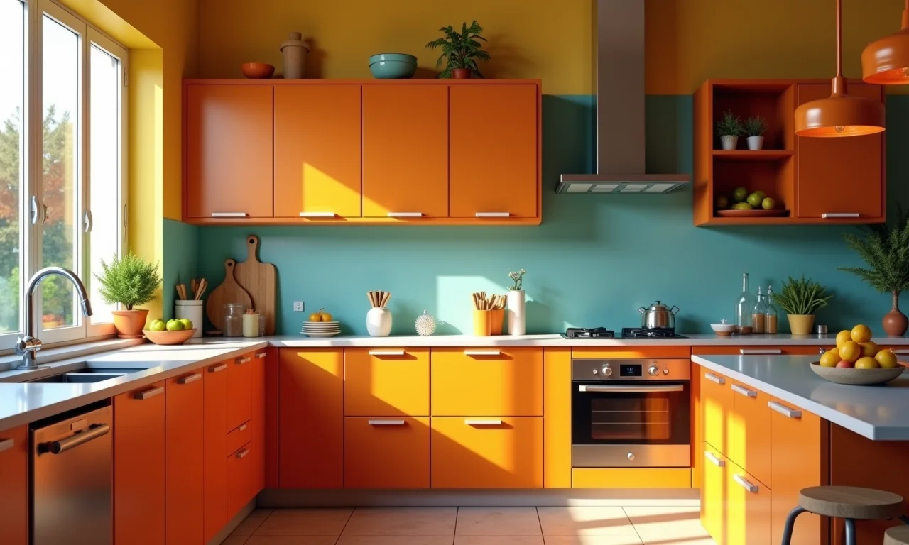 Paleta de cores harmoniosa em cozinha, equilibrada e vibrante.