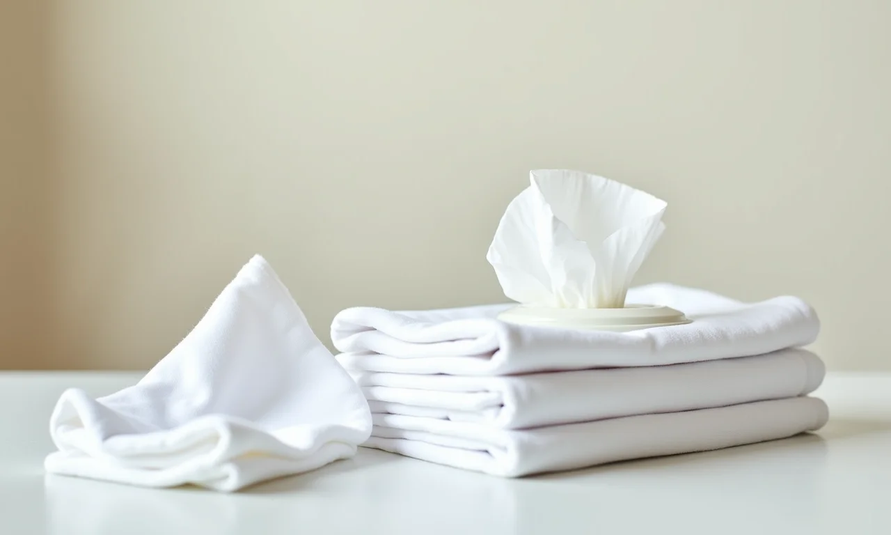 Panos de algodão e lenços umedecidos para bebê.