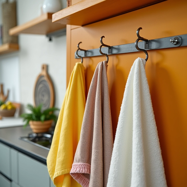 Panos de prato pendurados em rack vertical estiloso em cozinha pequena.