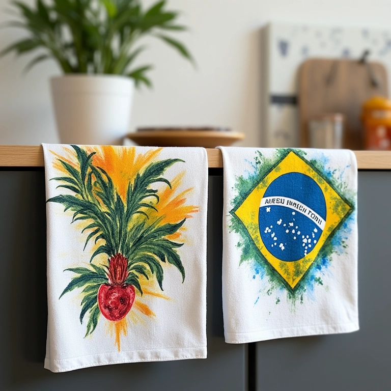 Panos de prato pintados à mão com motivos brasileiros coloridos em uma cozinha.