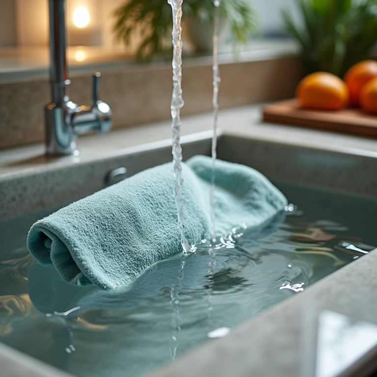 Panos de prato sendo lavados em pia de cozinha brasileira ensolarada.