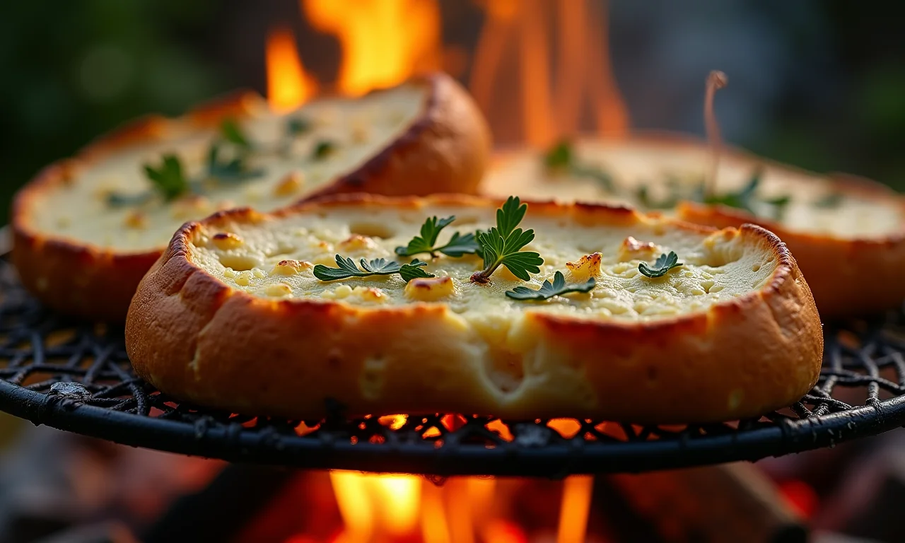 Pão de alho rústico assando na fogueira, com crosta crocante e ervas frescas.