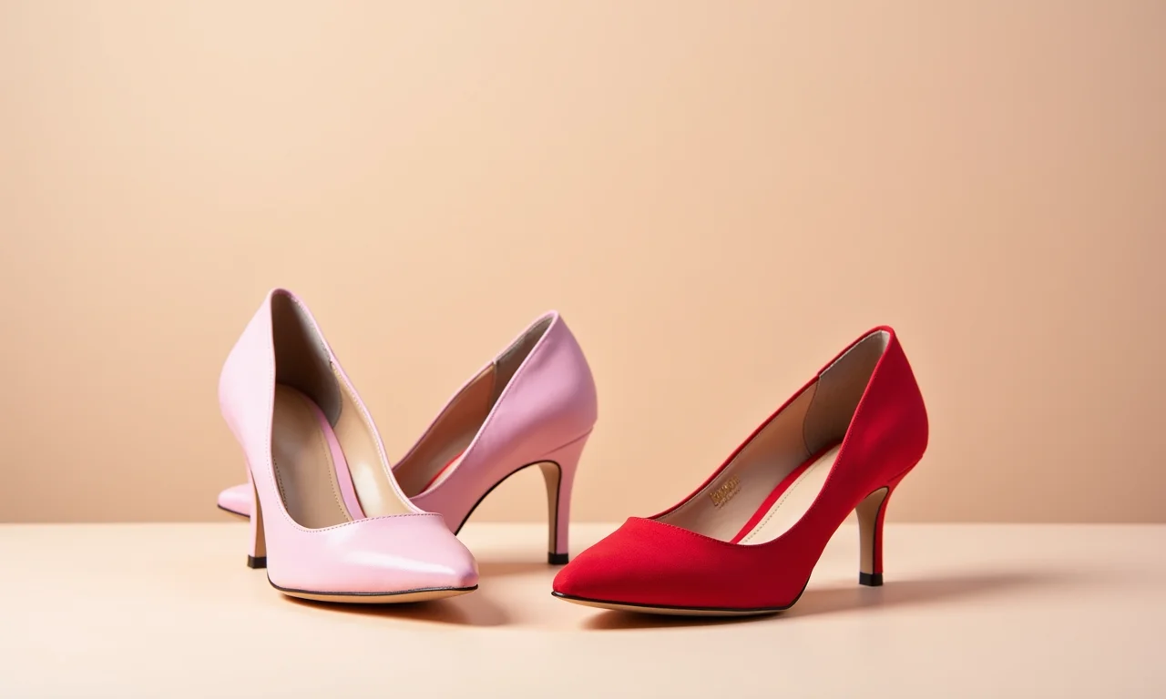 Par de saltos rosa e sapatilhas vermelhas em fundo neutro.