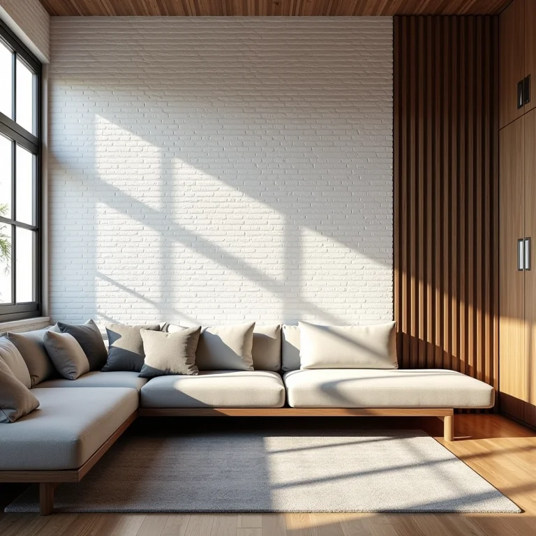 Parede de tijolinho branco combinada com madeira e metal
