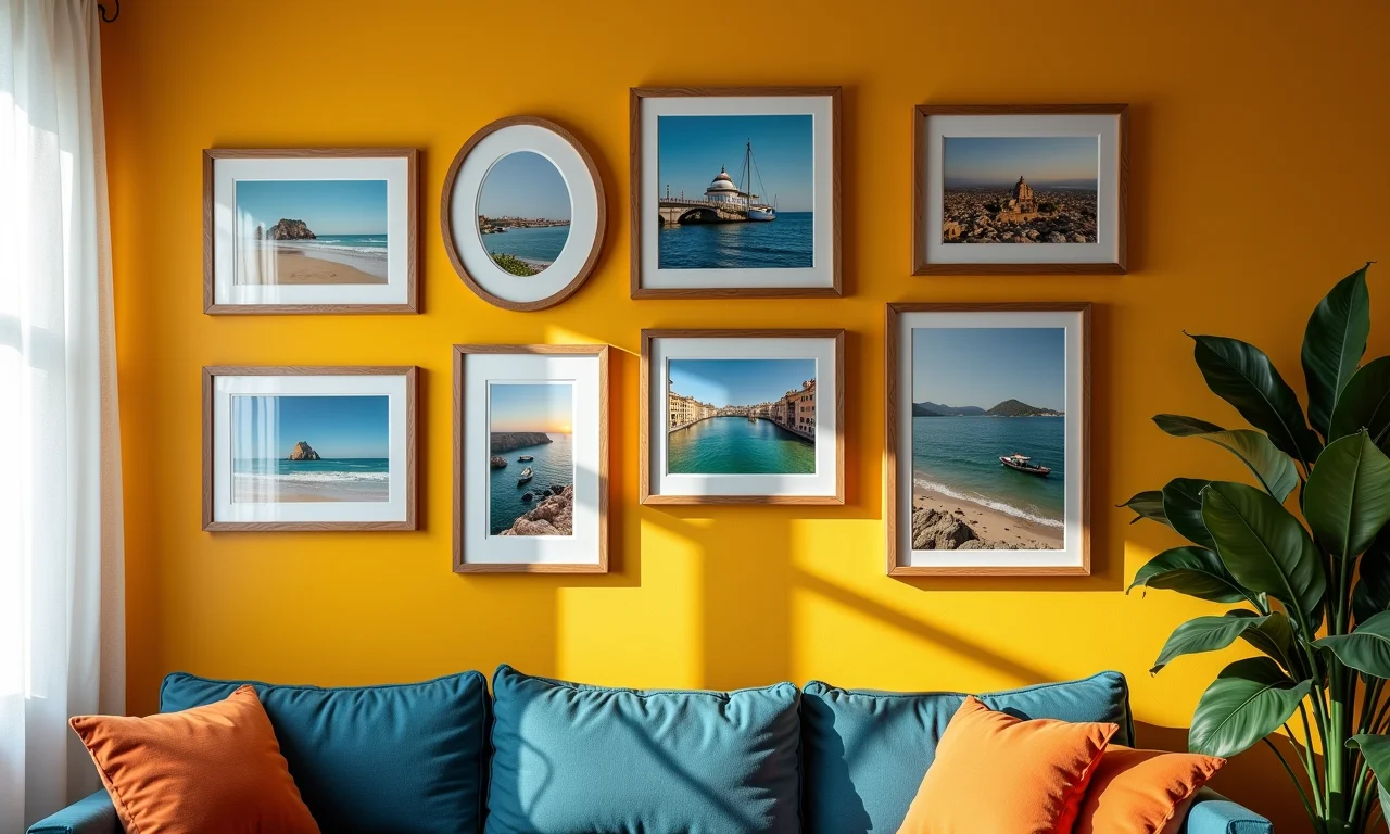 Paredes decoradas com fotos e lembranças de viagens.