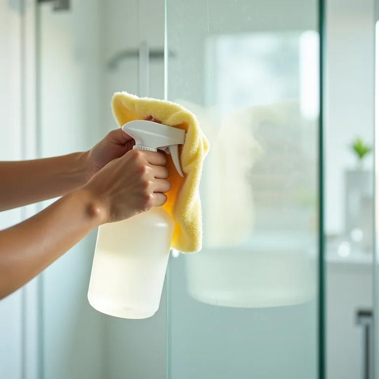 Passo a passo da limpeza do box com a solução caseira: borrifar e limpar