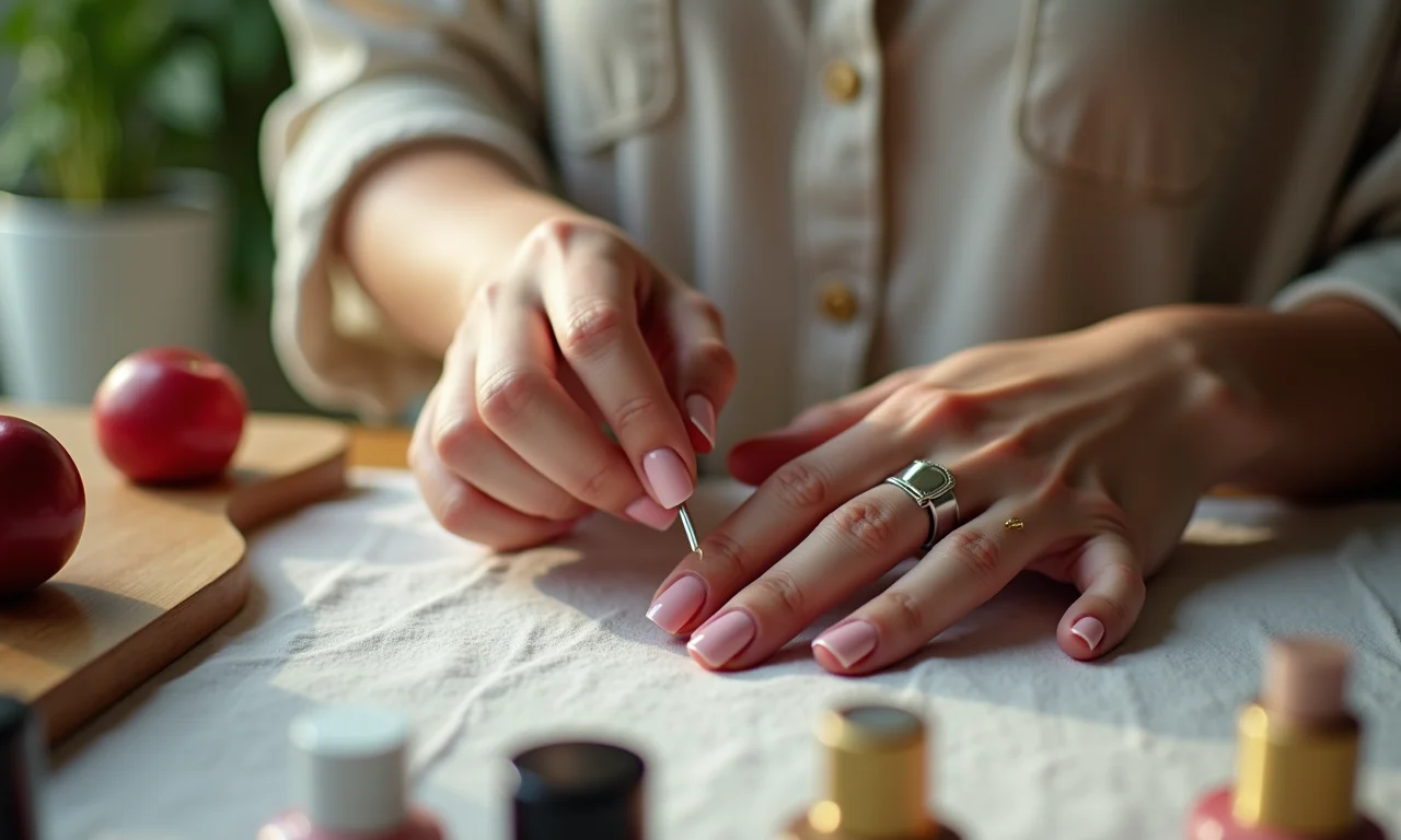 Passo a passo de uma manicure em casa, mostrando o processo de lixar, cuidar das cutículas e aplicar o esmalte.