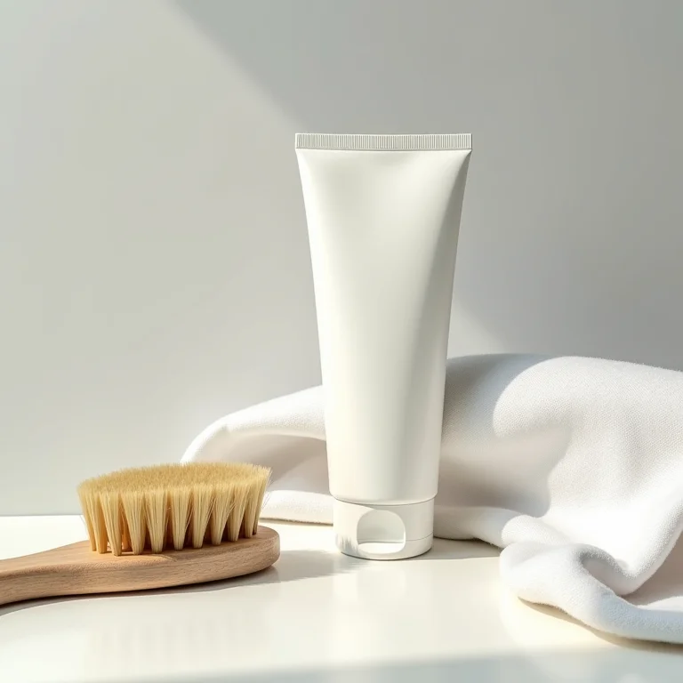 Pasta de dente branca ao lado de escova de limpeza sobre tecido manchado.