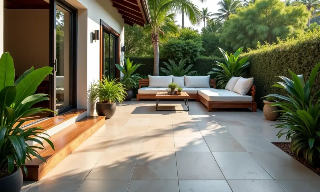 Piso Para Área Externa: Qual o Mais Seguro e Durável Pátio externo brasileiro com diversos tipos de pisos: porcelanato, pedra natural e madeira.