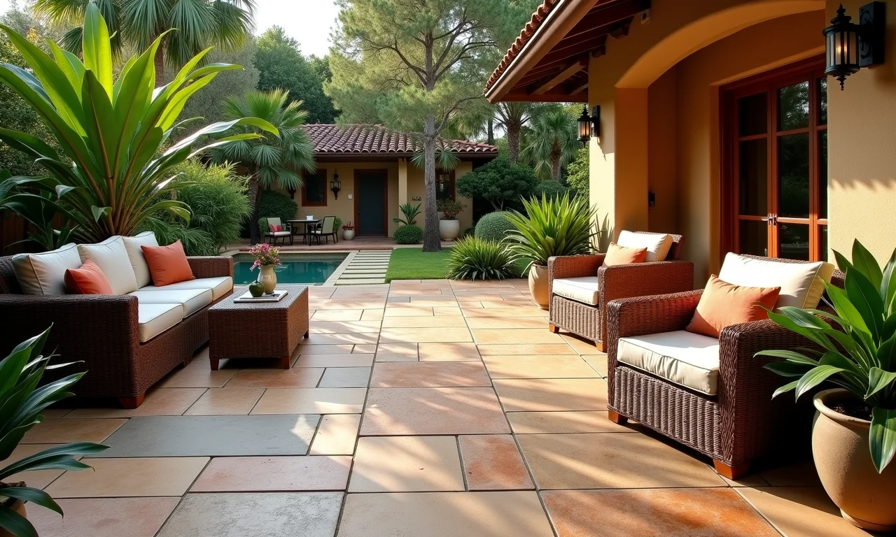 Pátio rústico com piso de pedra natural, charmoso e durável.