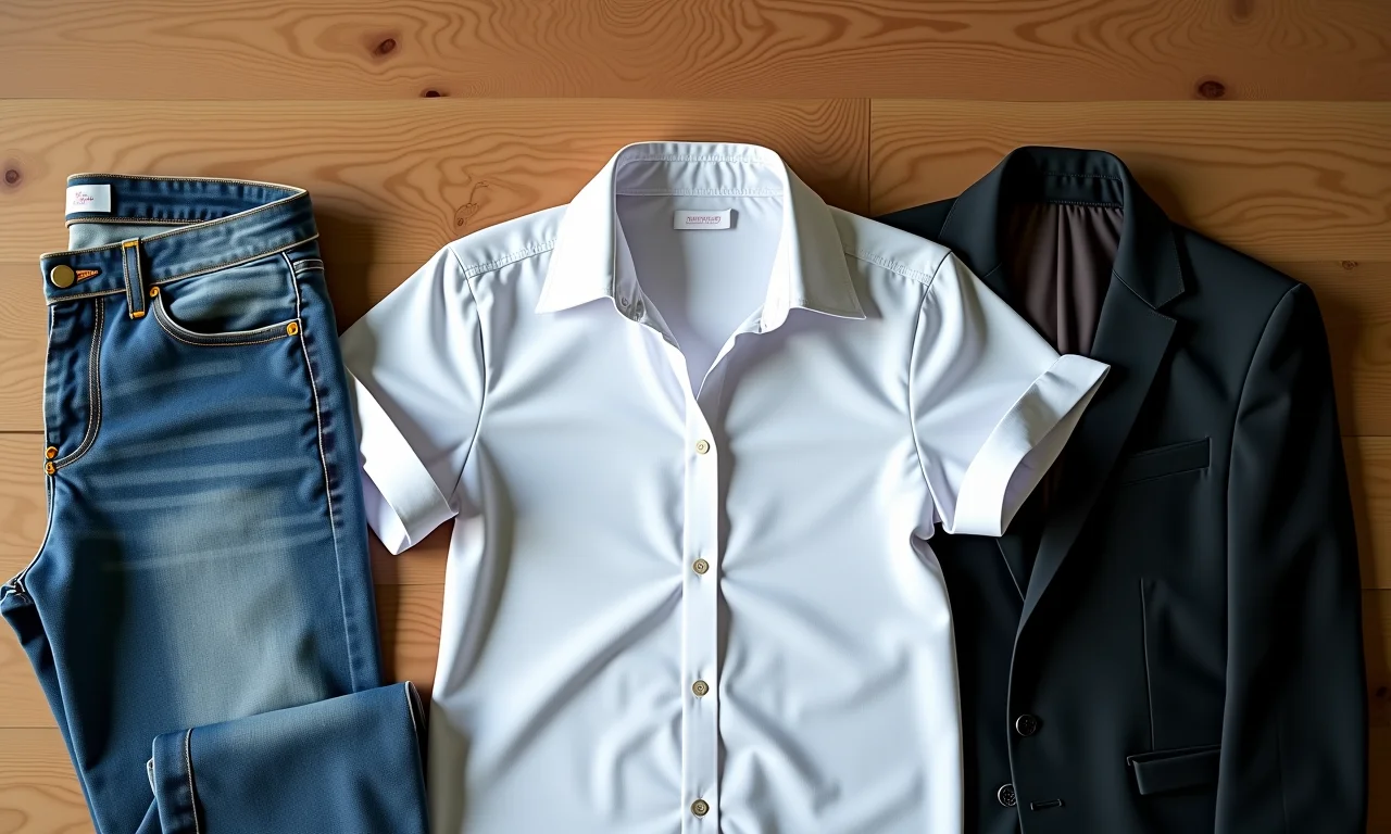 Peças-chave de um armário cápsula: camisa branca, jeans e blazer preto.