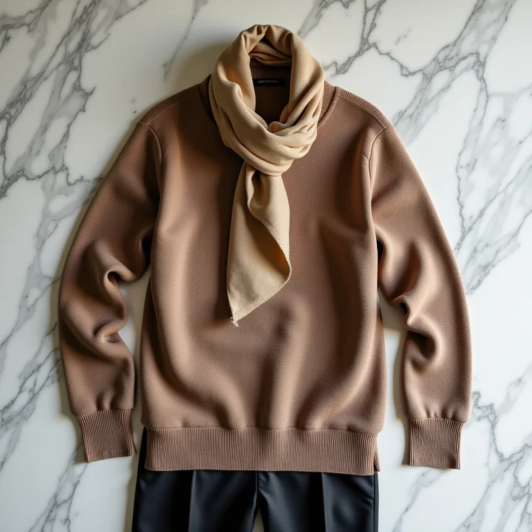 Peças de roupa atemporais dobradas sobre mármore