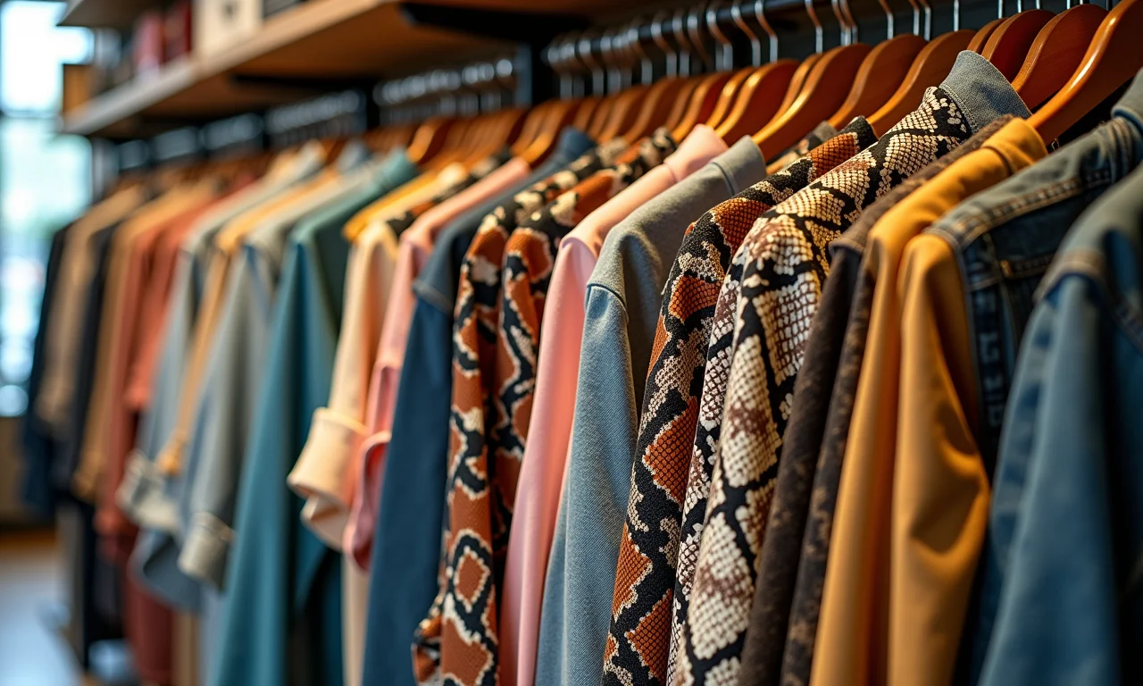 Peças de roupa com estampa de cobra em uma vitrine de loja.