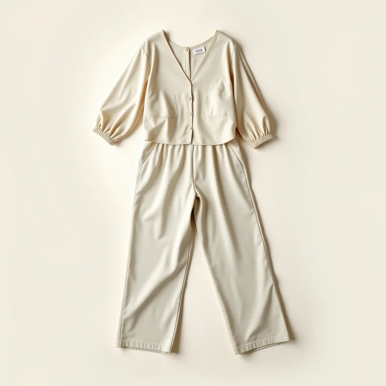 Peças de roupa de viscose em um flat lay minimalista.