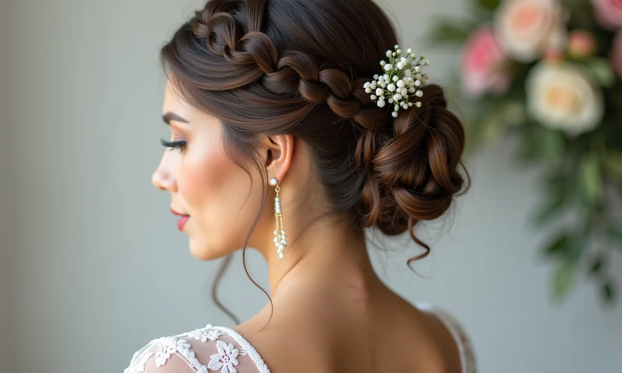 Penteado com tranças para madrinha, estilo romântico e delicado com detalhes florais.