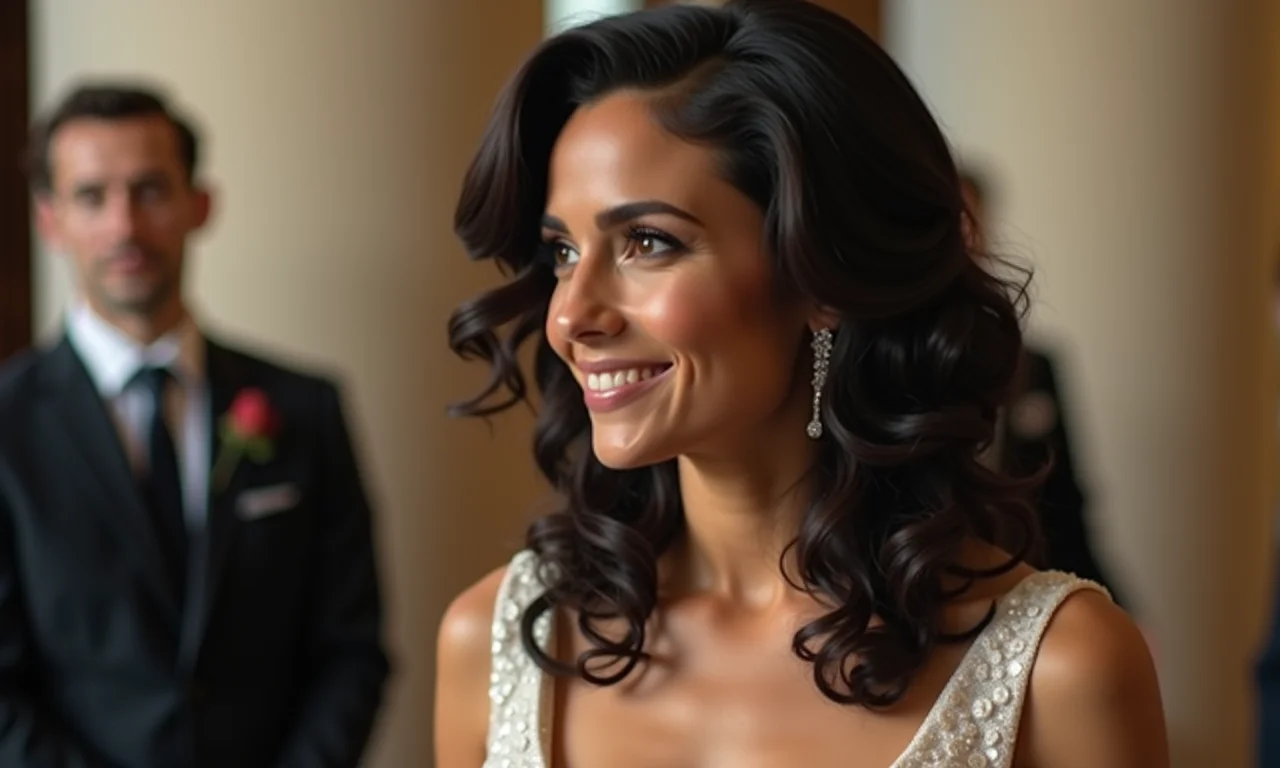 Penteado lateral com cachos definidos para casamento formal.