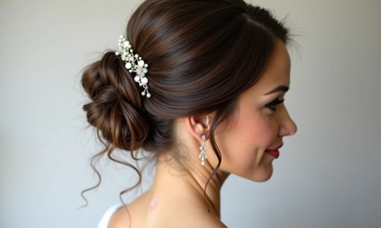 Penteado para madrinha de cabelo curto, estilo elegante e prático com acessórios delicados.
