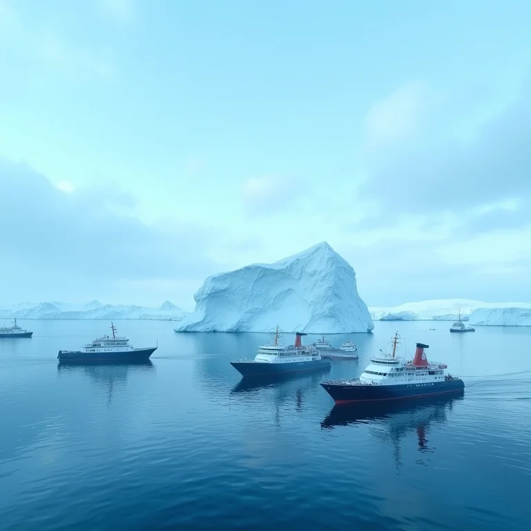 Pequenos navios de expedição explorando icebergs na Antártida.