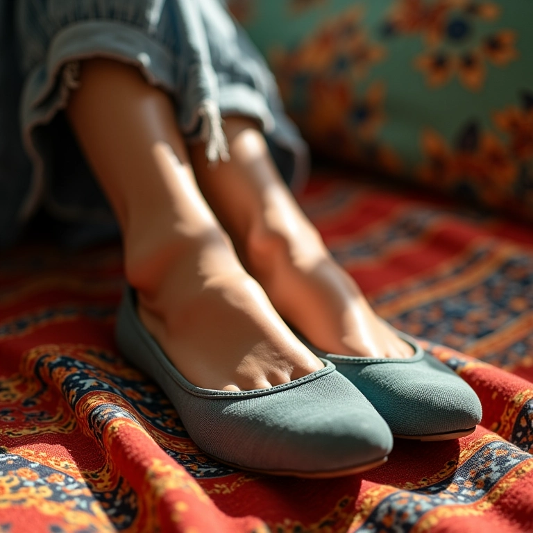 Pés femininos relaxando em sapatilhas de tecido confortáveis sobre um tecido brasileiro vibrante.