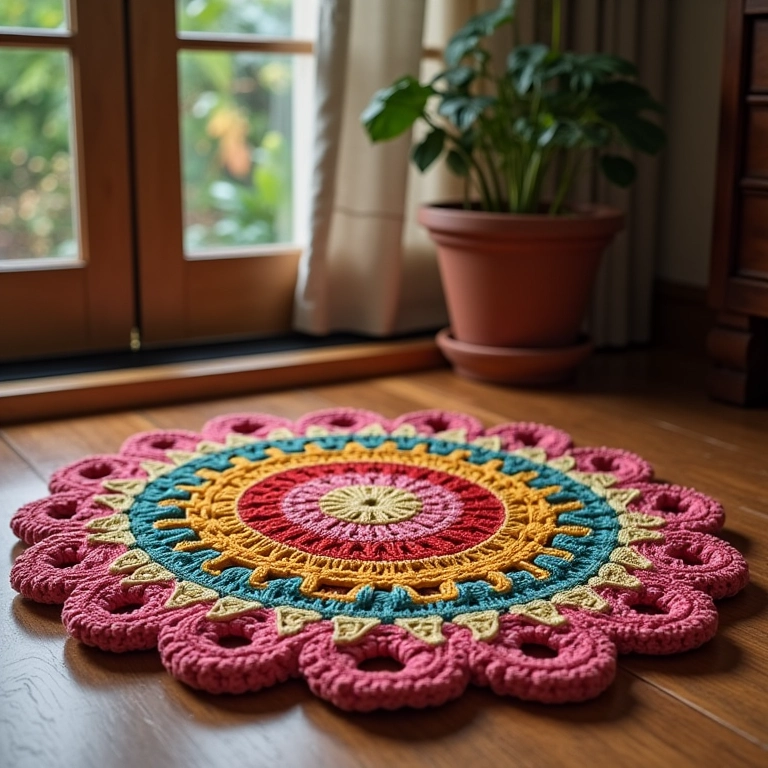 Peso de porta de crochê colorido em sala de estar aconchegante.