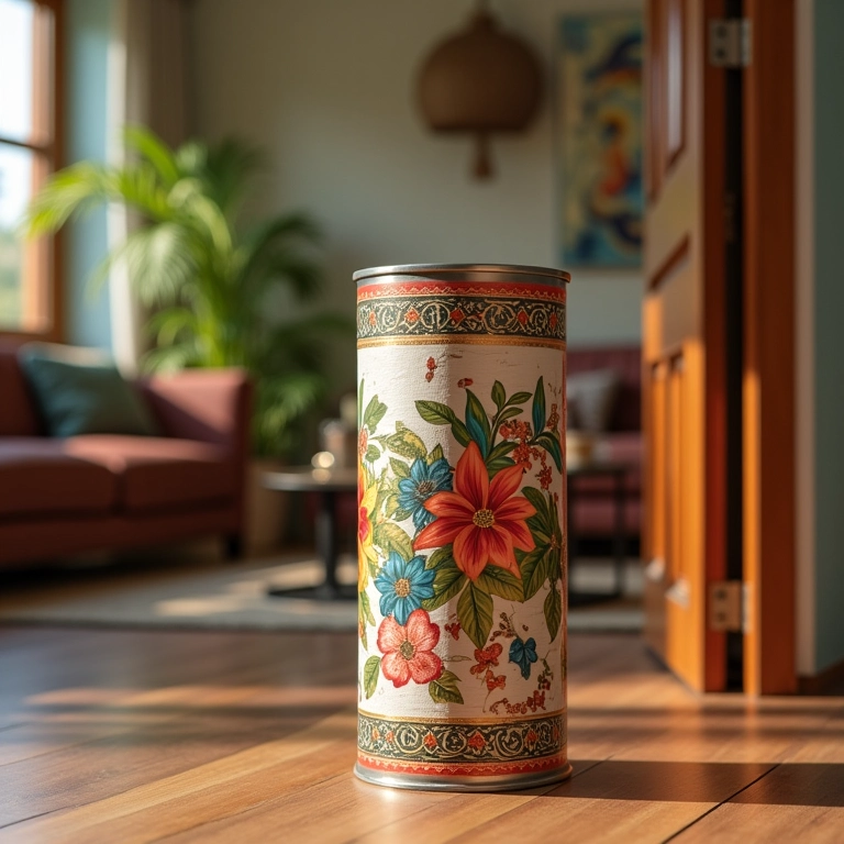 Peso de porta de lata decorada em sala de estar com estilo brasileiro.